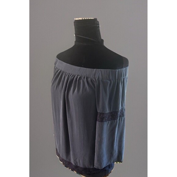 ECRU Silk Off The Shoulder Blouse Crochet Lace Hem Lined Dark Blue Sz XS Luxury - Picture 4 of 10